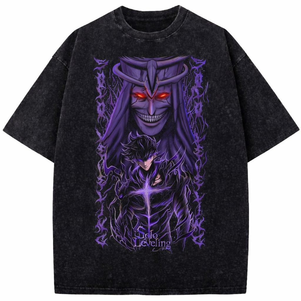 Solo Leveling Shadow Monarch Vintage Washed Anime Streetwear T-Shirt