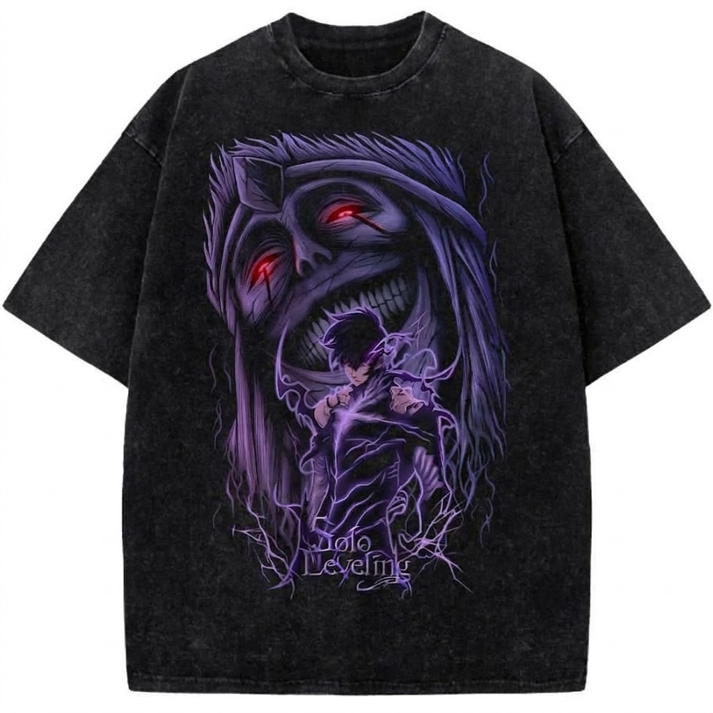 Solo Leveling Sung Jin-Woo Vintage Washed Anime T-Shirt Shadow Monarch Dark Power Graphic Tee