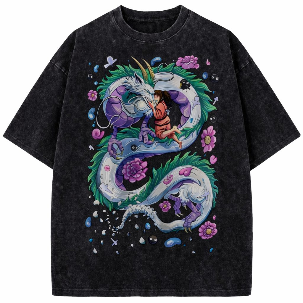Spirited Away Haku Dragon Vintage Washed Anime Graphic Oversized T-Shirt