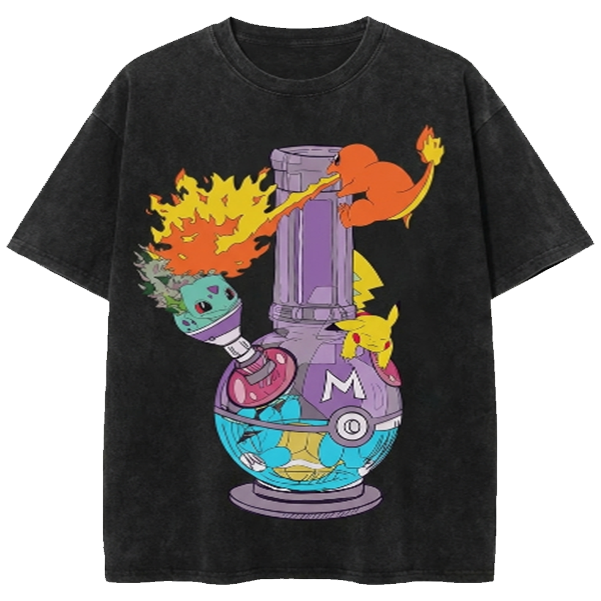 Squirtle, Charmander, Pikachu And Bulbasaur Vintage Oversized Washed Tee Pokemon Anime Heavyweight Cotton Streetwear Shirt