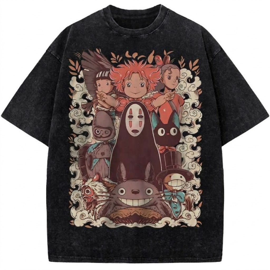 Studio Ghibli Characters Vintage Washed Tee Totoro And Spirited Away Anime Graphic T-Shirt