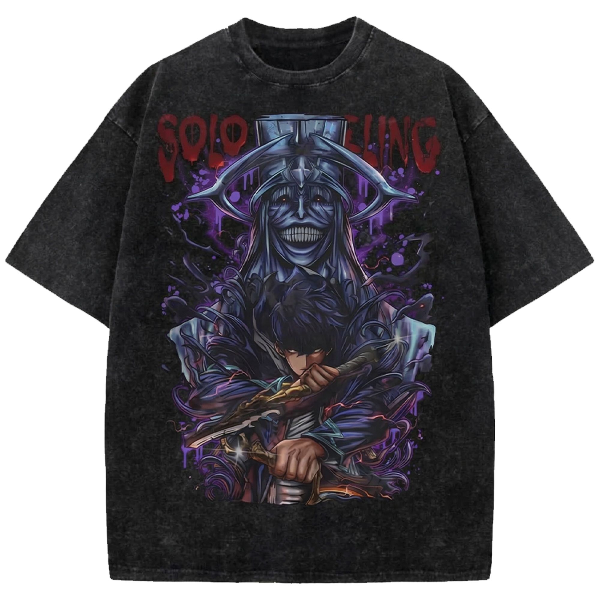 Sung Jinwoo Anime Vintage Washed Tee , Solo Leveling Manga Streetwear Shirt Japanese Distressed Oversized T-Shirt