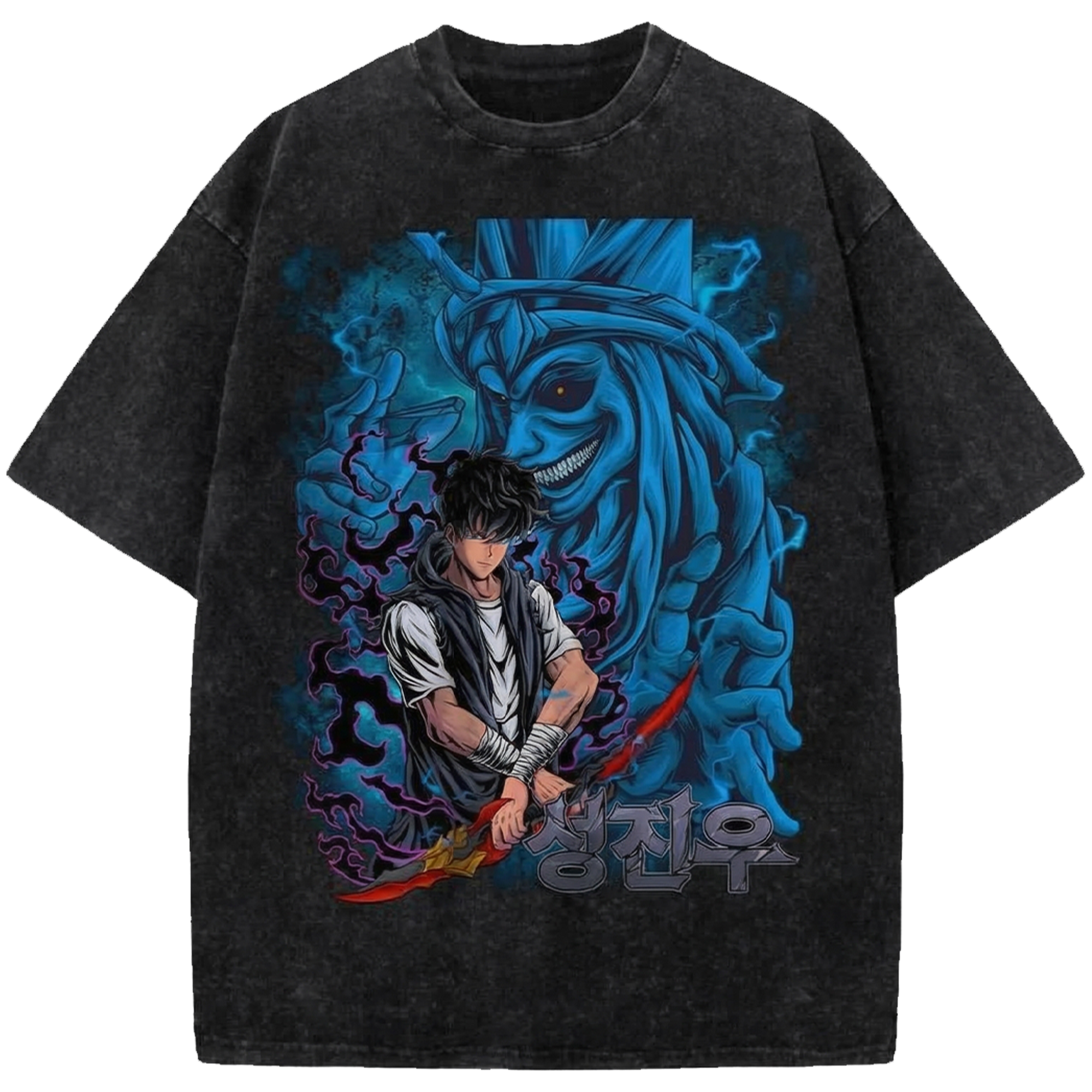 Sung Jinwoo Statue of God Anime Vintage Washed Shirt, Solo Leveling Manga Streetwear T-Shirt Japanese Distressed Oversized Tee