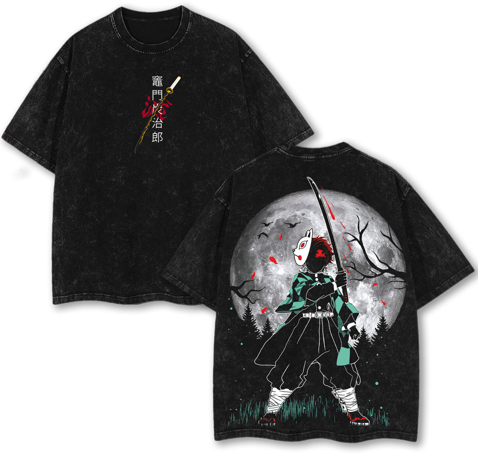 Tanjiro Kamado Kimetsu no Yaiba Anime Vintage Washed Shirt Manga Streetwear Oversized T-Shirt
